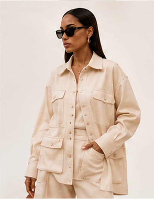 Mannequin en veste écru oversize à poches plaquées et pantalon assorti