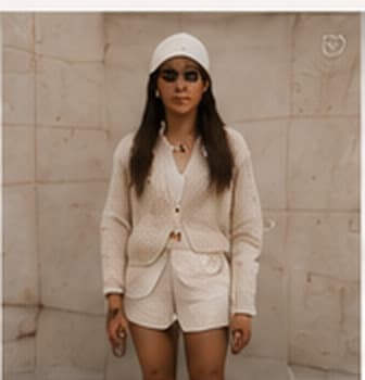 Mannequin en gilet et short en maille écrue