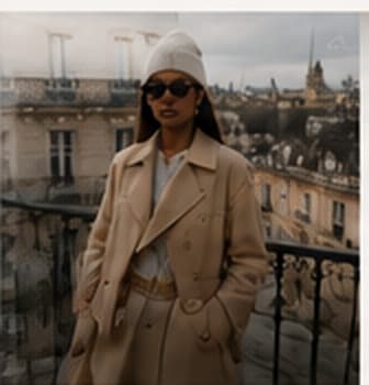 Mannequin en manteau beige et bonnet blanc sur un balcon parisien