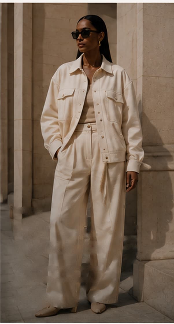 Mannequin en surchemise et pantalon large écru sous une colonnade