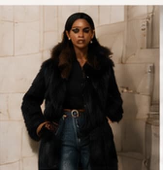 Mannequin en veste de fourrure noire et jean brut