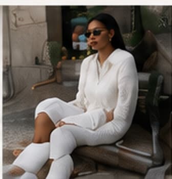Mannequin en total look blanc, assise dans un fauteuil