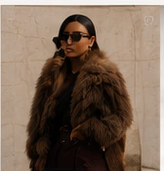 Mannequin en manteau de fourrure brune devant un mur de pierre